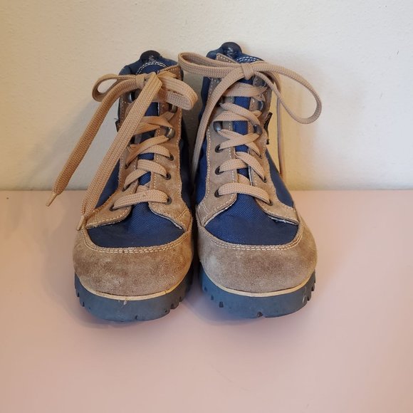 Vibram 8 Made in Italy Blue Canvas Brown Cowhide 2 Tone Chunky Platform Lace Up - Picture 5 of 8